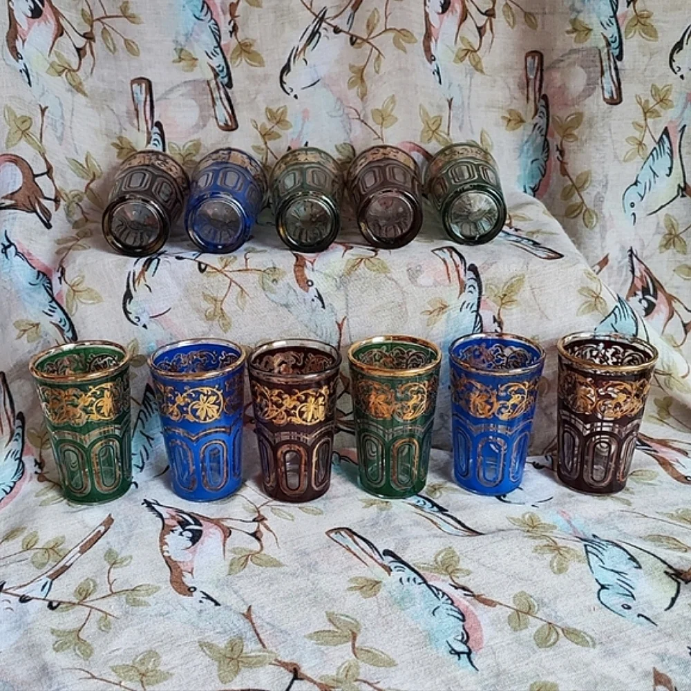 FATH Decor Set of 11 Bohemian Moroccan Venetian Gold Gilt Shot Glasses Glass